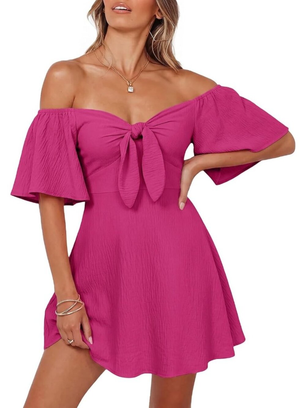 Women's Rose Red Summer Deep Short Sleeve V Neck Elegant Bow Tie Mini Dresses